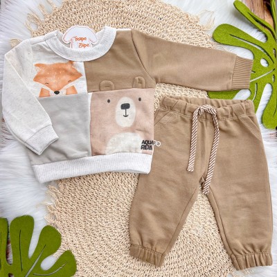 Conj. Blusão Raposa com Urso e Calça de Moletom - Areia e Marrom